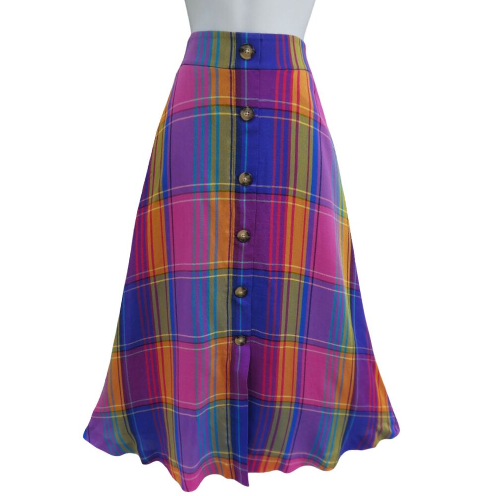Ann Taylor Rainbow Madras Plaid Midi Skirt Button Front A-Line Flare Lined 6